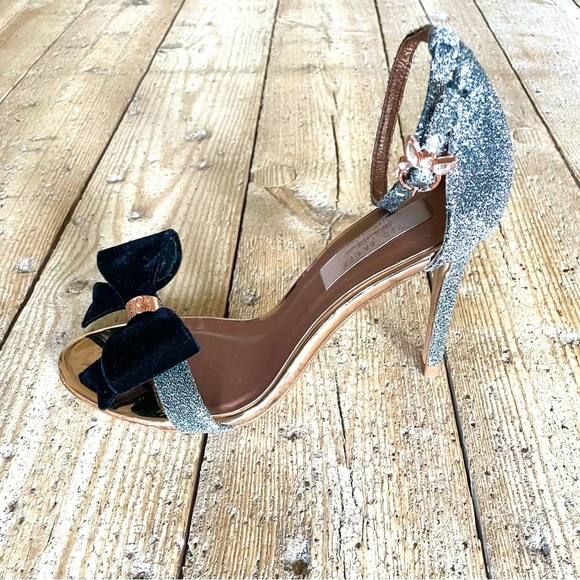 Ted Baker Bowdalo Heels Silver Shimmer Black Velvet Bow Ankle Strap EU 37.5 US 7 - Picture 10 of 13
